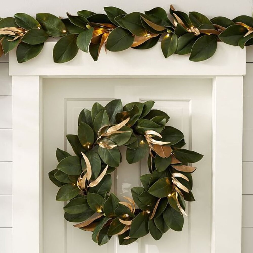 Pottery Barn Pre-Lit Gold-Leaf Magnolia Wreath & Garland